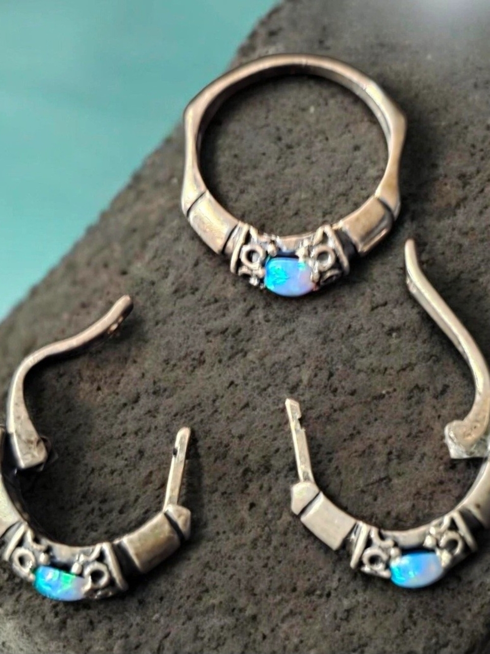 Sterling Silver Opal Ring and Hoop Earrings Set - Blue Opal